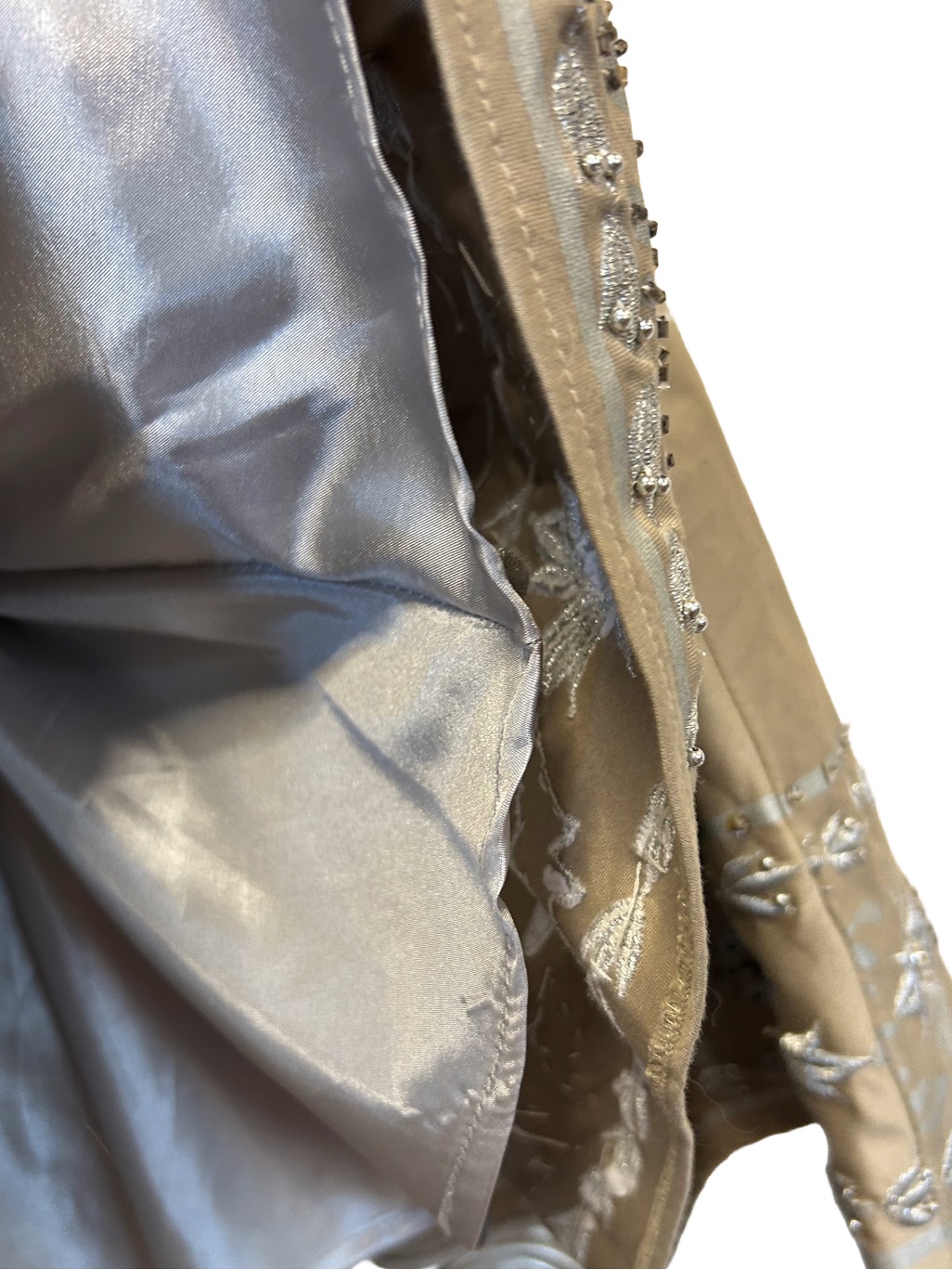 Anthropologie Basil Maude Silver Beaded Boho Midi Skirt Tan Hand Embellished 4 — image 4 of 4